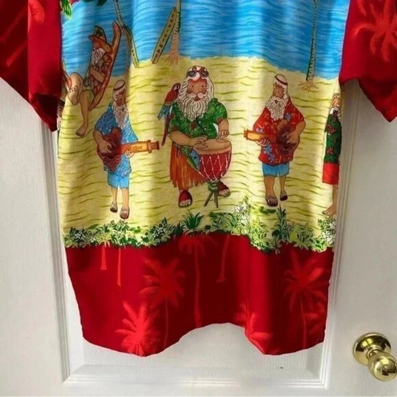 Rima Mens Hawaiian Santa Shirt Short Sleeve Button Front Red Blue Yellow Medium - Picture 7 of 13